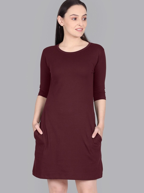 Free Authority Women Maroon Solid Round Neck Sheath Dress