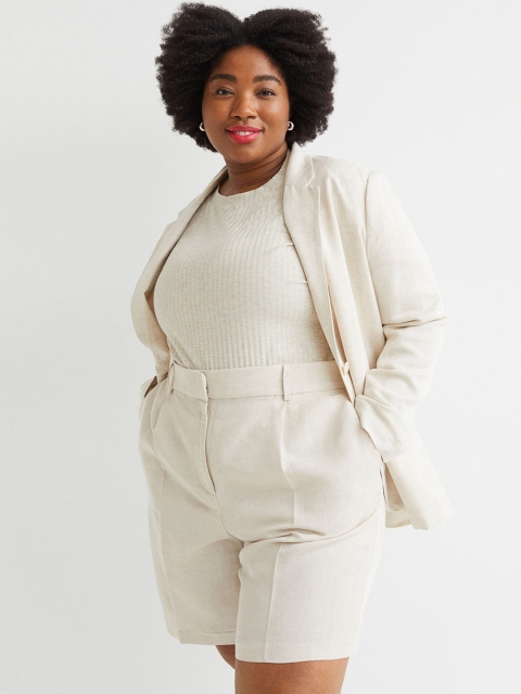 

H&M+ Plus Size Women White Solid Linen-blend Bermuda shorts