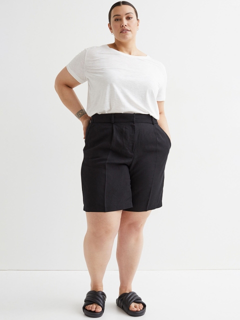 

H&M Plus Size Women Black Linen-blend Bermuda shorts