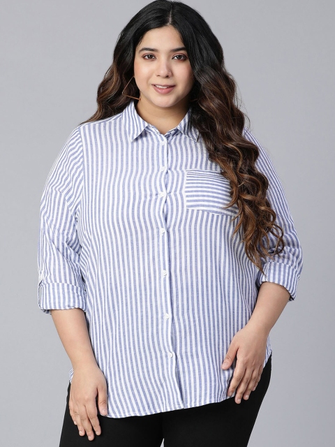 

Oxolloxo Women Plus Size Blue Classic Striped Casual Shirt