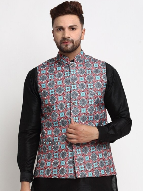 

Benstoke Men Grey Printed Nehru Jackets