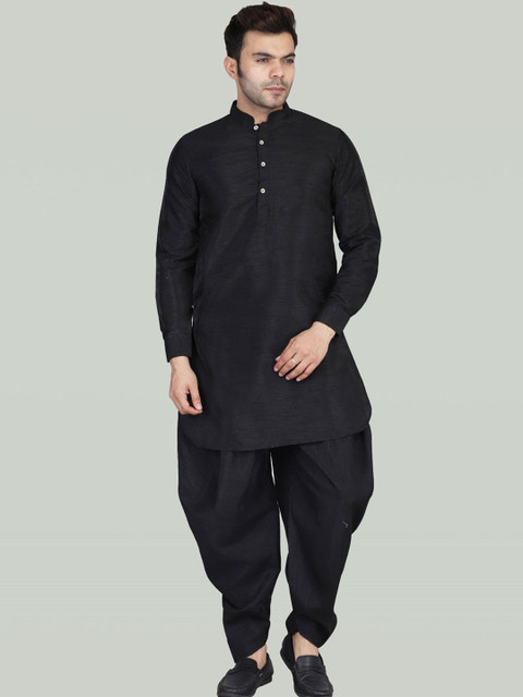 

TAHVO Men Black Pleated Dupion Silk Kurti with Patiala