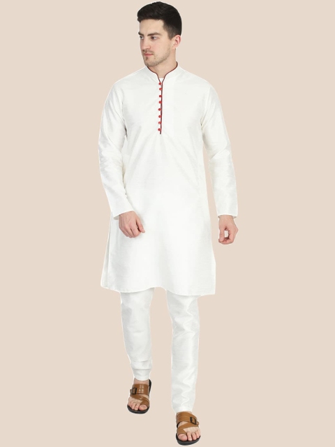 

TAHVO Men White Panelled Dupion Silk Kurta with Pyjamas