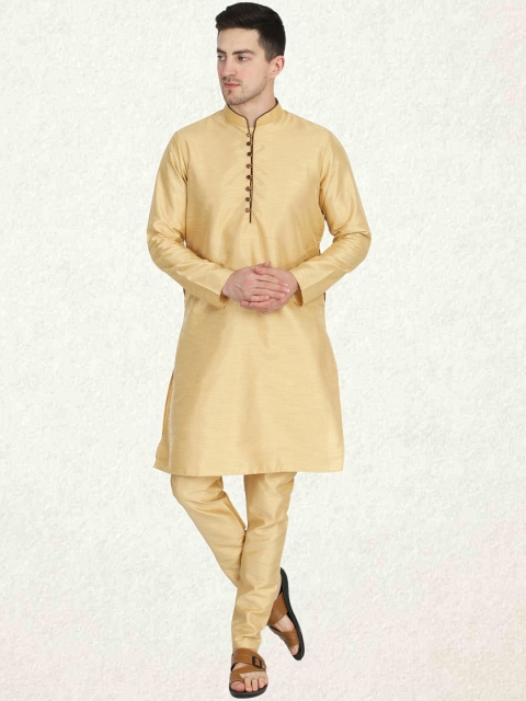 

TAHVO Men Gold-Toned Pleated Dupion Silk Kurti with Pyjamas