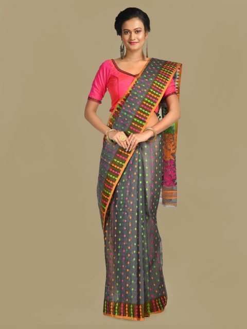 

Mitera Grey & Pink Woven Design Silk Cotton Jamdani Saree