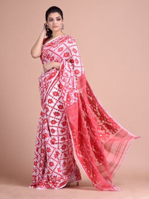

Mitera Peach-Coloured & White Floral Silk Cotton Jamdani Saree