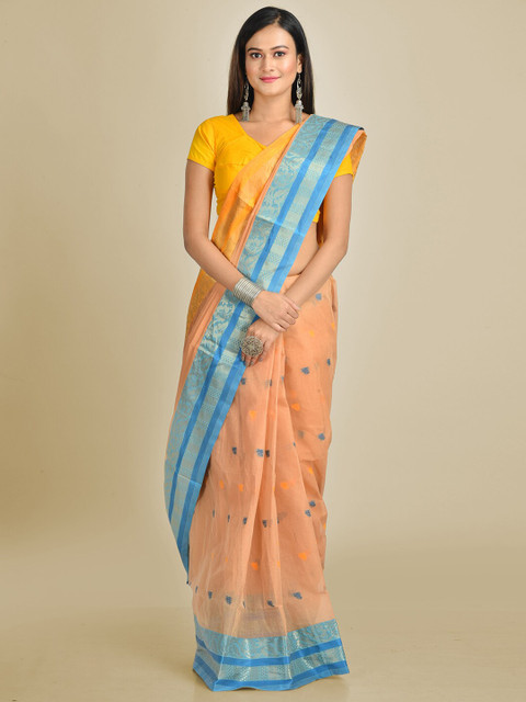 

Mitera Women Beige & Blue Floral Pure Cotton Fusion Taant Saree