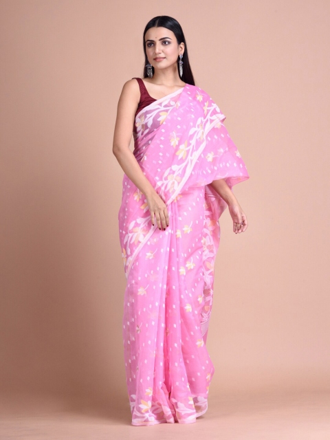 

Mitera Women Pink & White Floral Silk Cotton Fusion Jamdani Saree