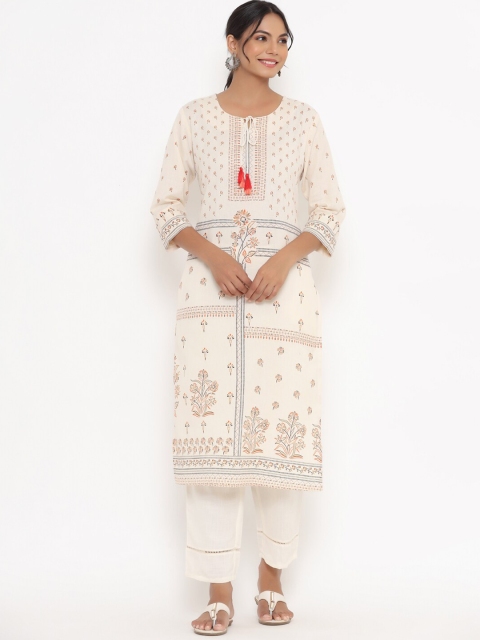 

Do Dhaage Women Off White Floral Printed Pure Cotton Kurta with Trouser