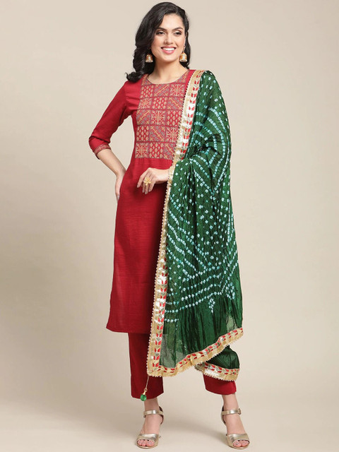 

Varanga Women Maroon & Green Embroidered Yoke Design Kurta with Trousers & With Dupatta