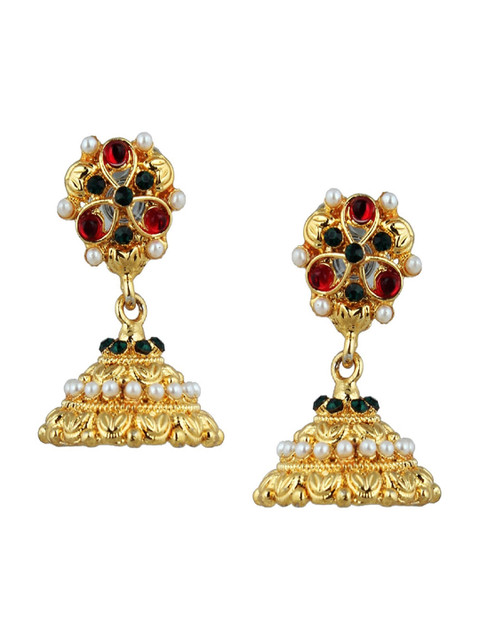 

Kshitij Jewels Red & Green Gold-Plated Dome Shaped Jhumkas Earrings