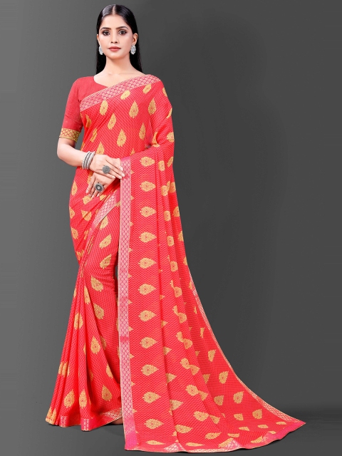 

Zombom Red & Gold-Toned Woven Design Zari Pure Georgette Ready to Wear Block Print Saree
