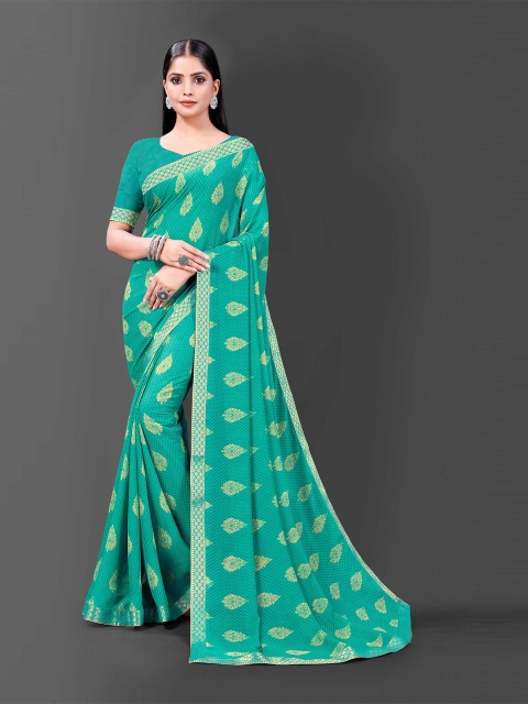 

Zombom Turquoise Blue & Gold-Toned Pure Georgette Ready to Wear Block Print Saree