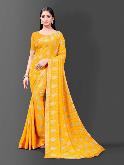 

Zombom Yellow Ethnic Motifs Pure Georgette Ready to Wear Block Print Saree