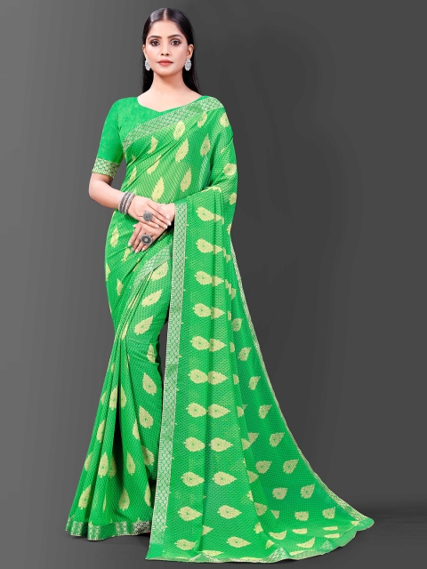 

Zombom Green & Gold-Toned Pure Georgette Ready to Wear Block Print Saree