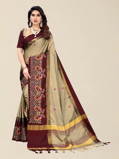 

SERONA FABRICS Cream-Coloured & Maroon Embellished Sequinned Silk Cotton Saree