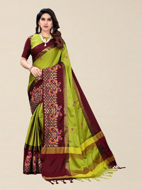 

SERONA FABRICS Lime Green & Maroon Embellished Sequinned Silk Cotton Saree