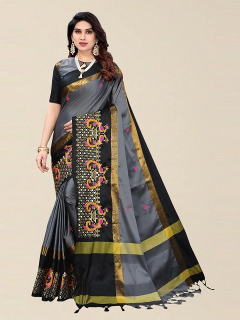 

SERONA FABRICS Grey & Gold-Toned Embellished Sequinned Silk Cotton Saree