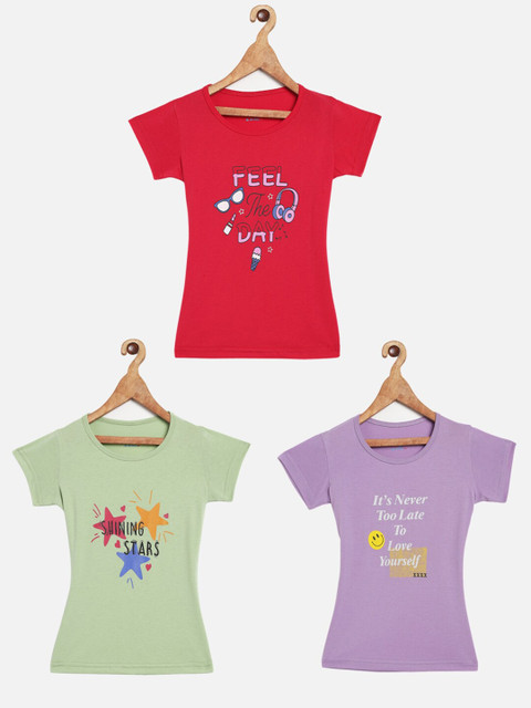 

Little Drops Girls Multicoloured Typography 3 Printed Applique T-shirt, Multi
