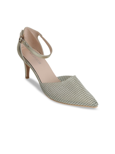 

SHUZ TOUCH Silver-Toned Kitten Pumps with Buckles