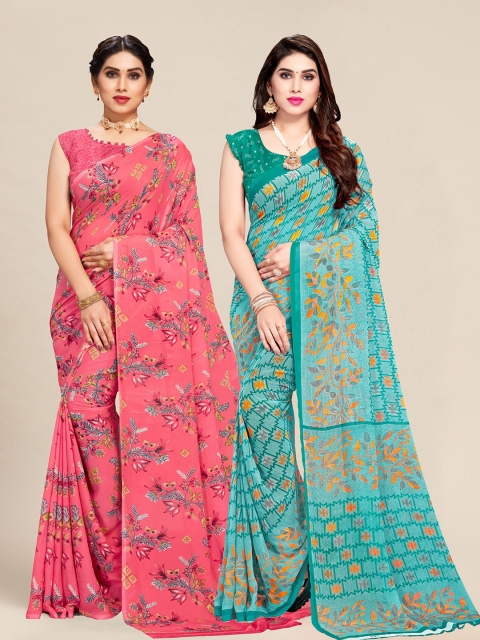 

MS RETAIL Set Of 2 Pink & Blue Floral Pure Georgette Saree