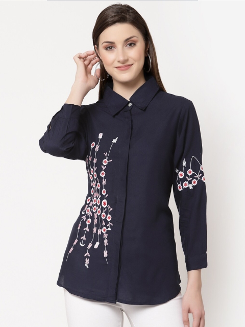 

The Mini NEEDLE Women Navy Blue Floral Embroidered Casual Shirt