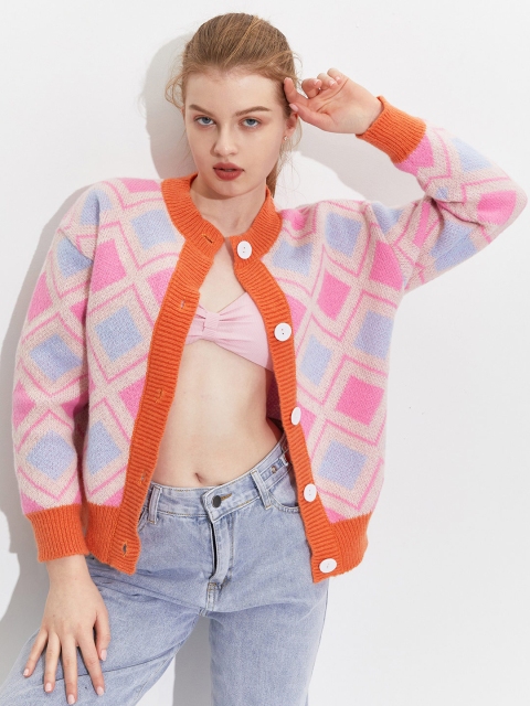 

URBANIC Women Pink & Blue Checked Cardigan