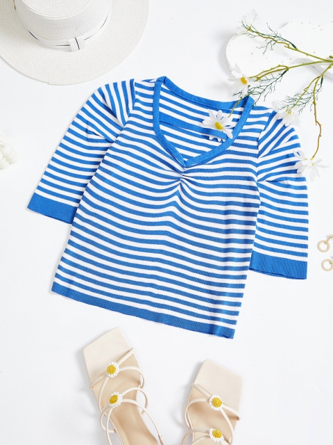 

URBANIC Women Blue & White Striped Sweater Vest
