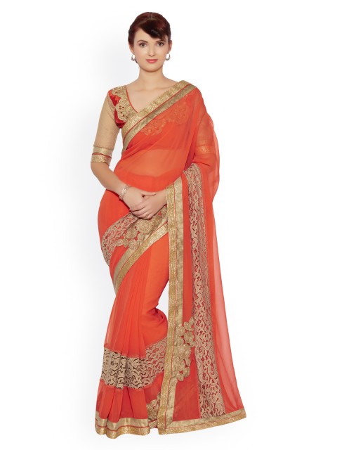 

Indian Women Orange Georgette Embellished Saree