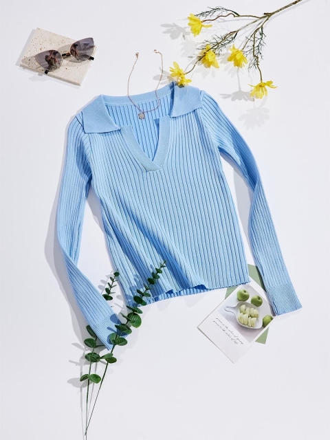 

URBANIC Women Blue Striped Sweater Vest