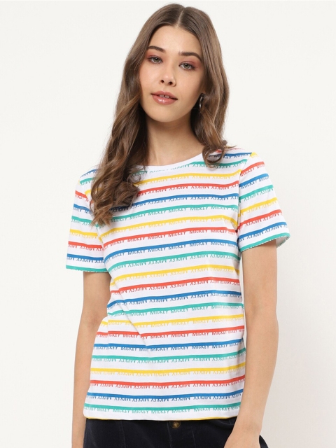 

Bewakoof Women Multicoloured Striped Pure Cotton T-shirt, Blue