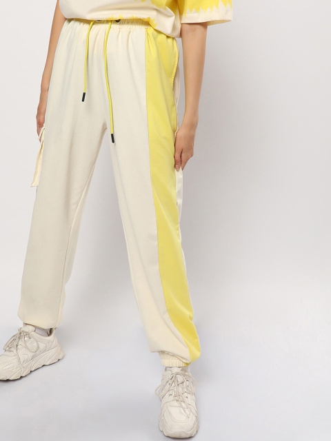 

Bewakoof Women White & Yellow Color Blocked Joggers, Beige