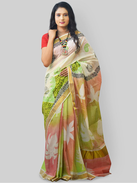 

GREEN DRAGONFLY White & Green Floral Pure Cotton Khadi Saree