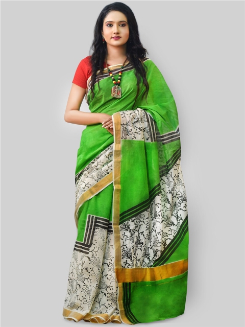 

GREEN DRAGONFLY Green & White Floral Pure Cotton Khadi Saree