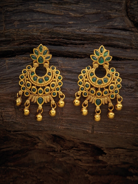 

Kushal's Fashion Jewellery Green Crescent Shaped Gold-Plated Chandbalis Earrings