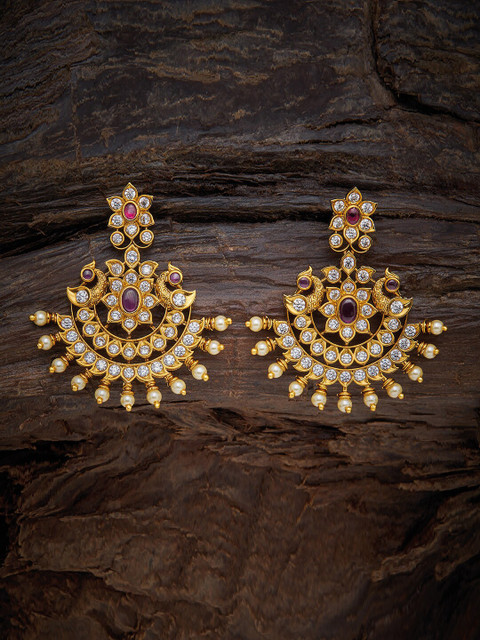 

Kushal's Fashion Jewellery Gold-Toned & Purple Floral Chandbalis Earrings