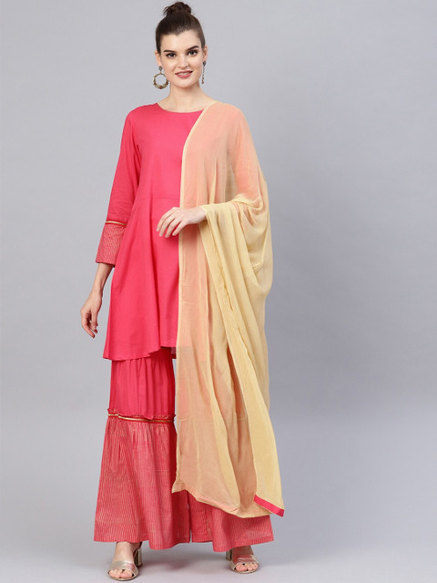 

Tulsattva Women Pink Panelled Pure Cotton Kurti with Sharara & With Dupatta