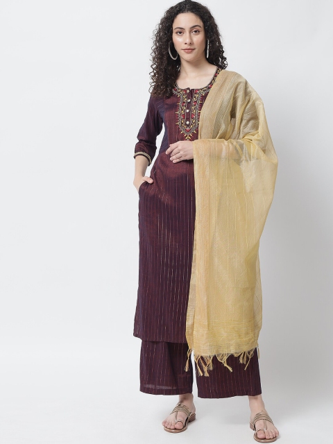 

Tulsattva Women Maroon Panelled Pure Cotton Kurta with Palazzos & With Dupatta