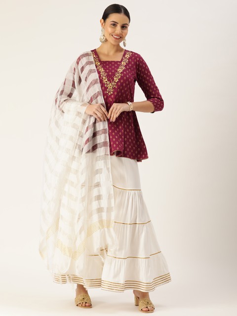 

DAAMINA Women Maroon Ethnic Motifs Printed Gotta Patti Kurta with Sharara & Dupatta