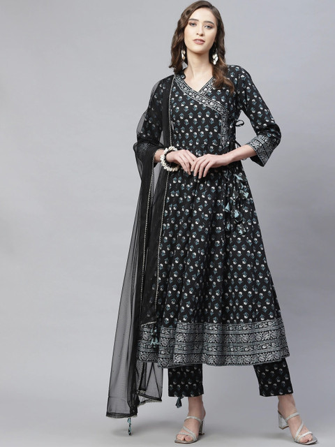 

Divena Women Black Floral Printed Angrakha Pure Cotton Kurta with Trousers & Dupatta