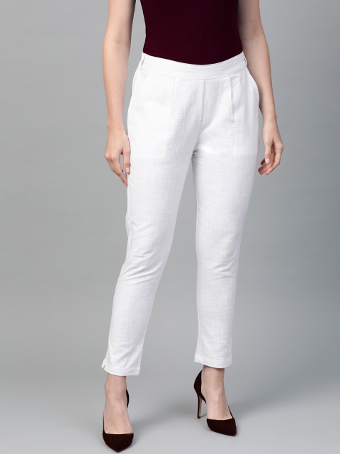 

KAAJH Women White Solid Cotton Straight Trouser