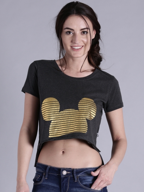 

Kook N Keech Disney Women Charcoal Grey Printed Round Neck Crop T-shirt