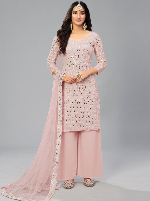 

DRESSTIVE Women Pink Floral Striped Panelled Mirror Work Kurti with Sharara & With Dupatta