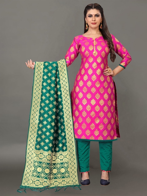 

Ekta Textiles Pink & Green Banarasi Unstitched Dress Material