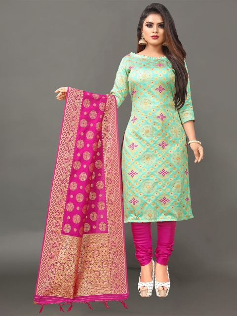 

Ekta Textiles Turquoise Blue & Magenta Unstitched Dress Material