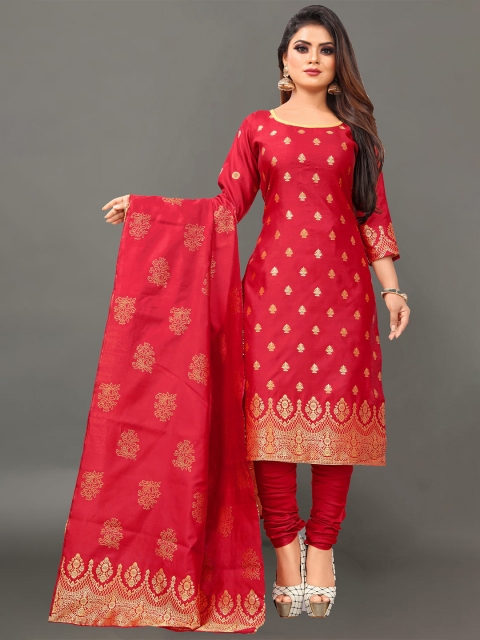 

Ekta Textiles Red & Gold-Toned Unstitched Dress Material