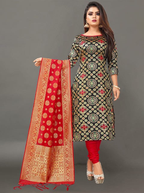 

Ekta Textiles Black & Red Unstitched Dress Material