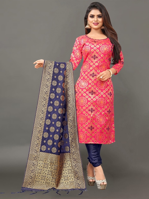 

Ekta Textiles Coral & Blue Unstitched Dress Material