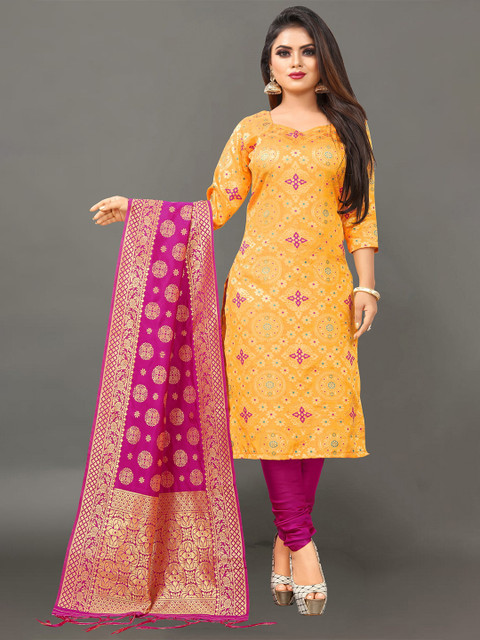 

Ekta Textiles Yellow & Pink Unstitched Dress Material