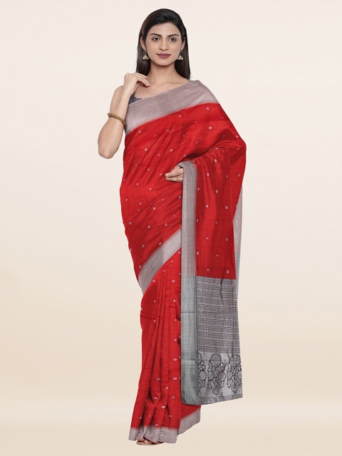 

Pothys Red & Silver-Toned Woven Design Zari Art Silk Saree